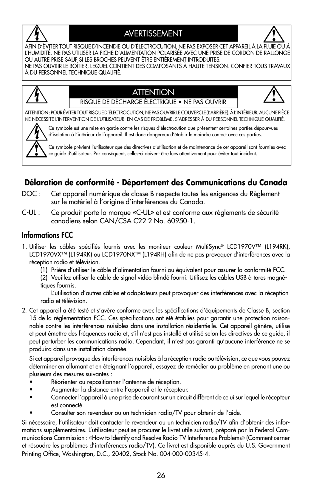 NEC LCD1970V user manual Avertissement, Informations FCC 