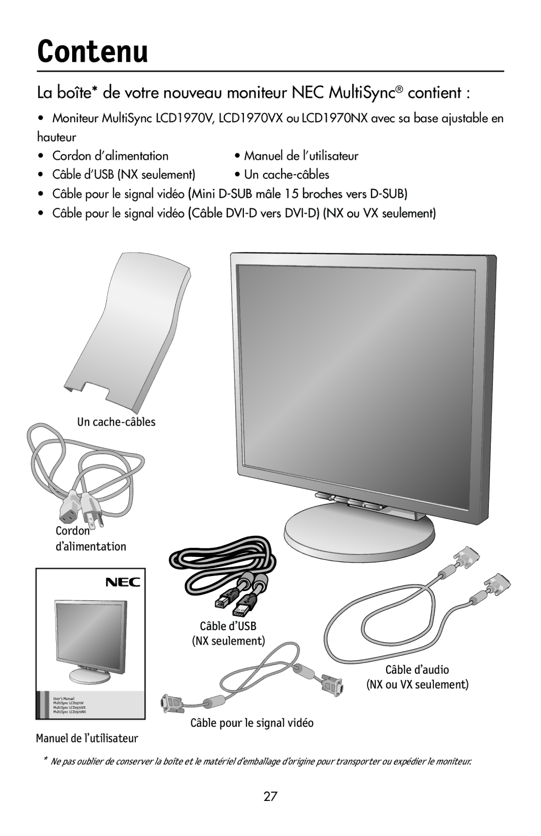 NEC LCD1970V user manual Contenu, La boîte* de votre nouveau moniteur NEC MultiSync contient 