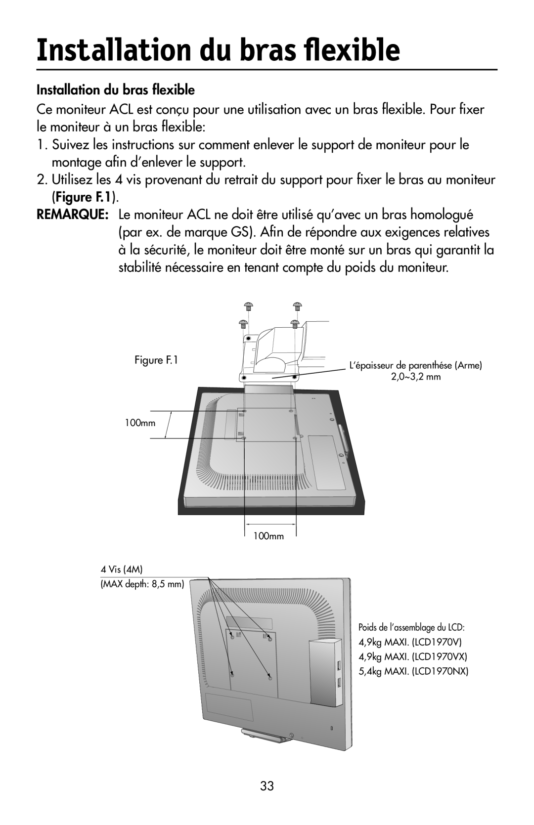 NEC LCD1970V user manual Installation du bras ﬂexible, Figure F.1 