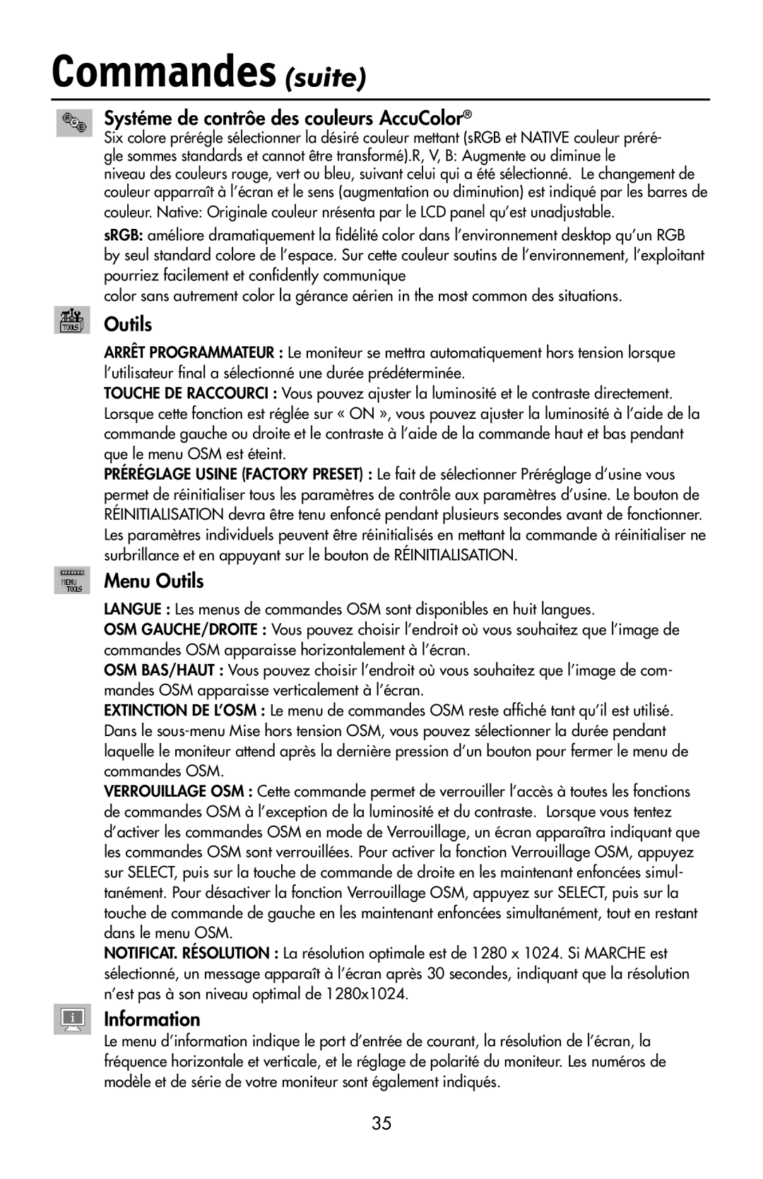 NEC LCD1970V user manual Commandes suite, Systéme de contrôe des couleurs AccuColor, Menu Outils 