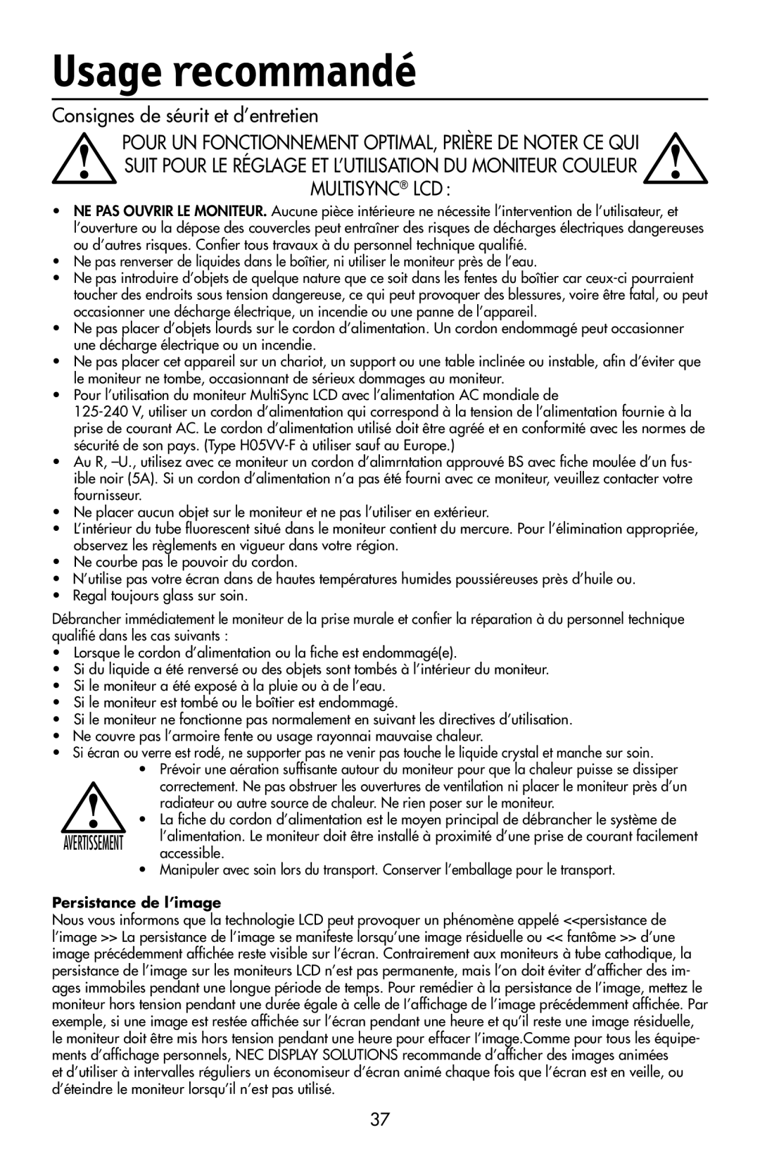 NEC LCD1970V user manual Usage recommandé, Consignes de séurit et d’entretien 