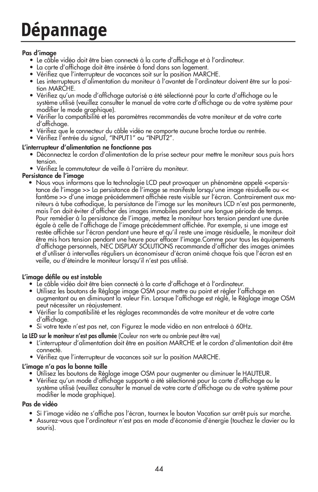 NEC LCD1970V user manual Dépannage 