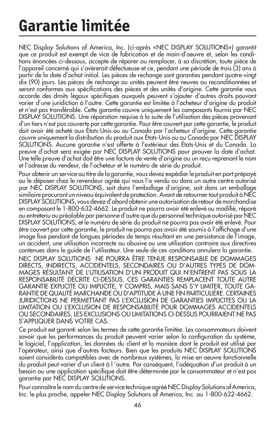 NEC LCD1970V user manual Garantie limitée 