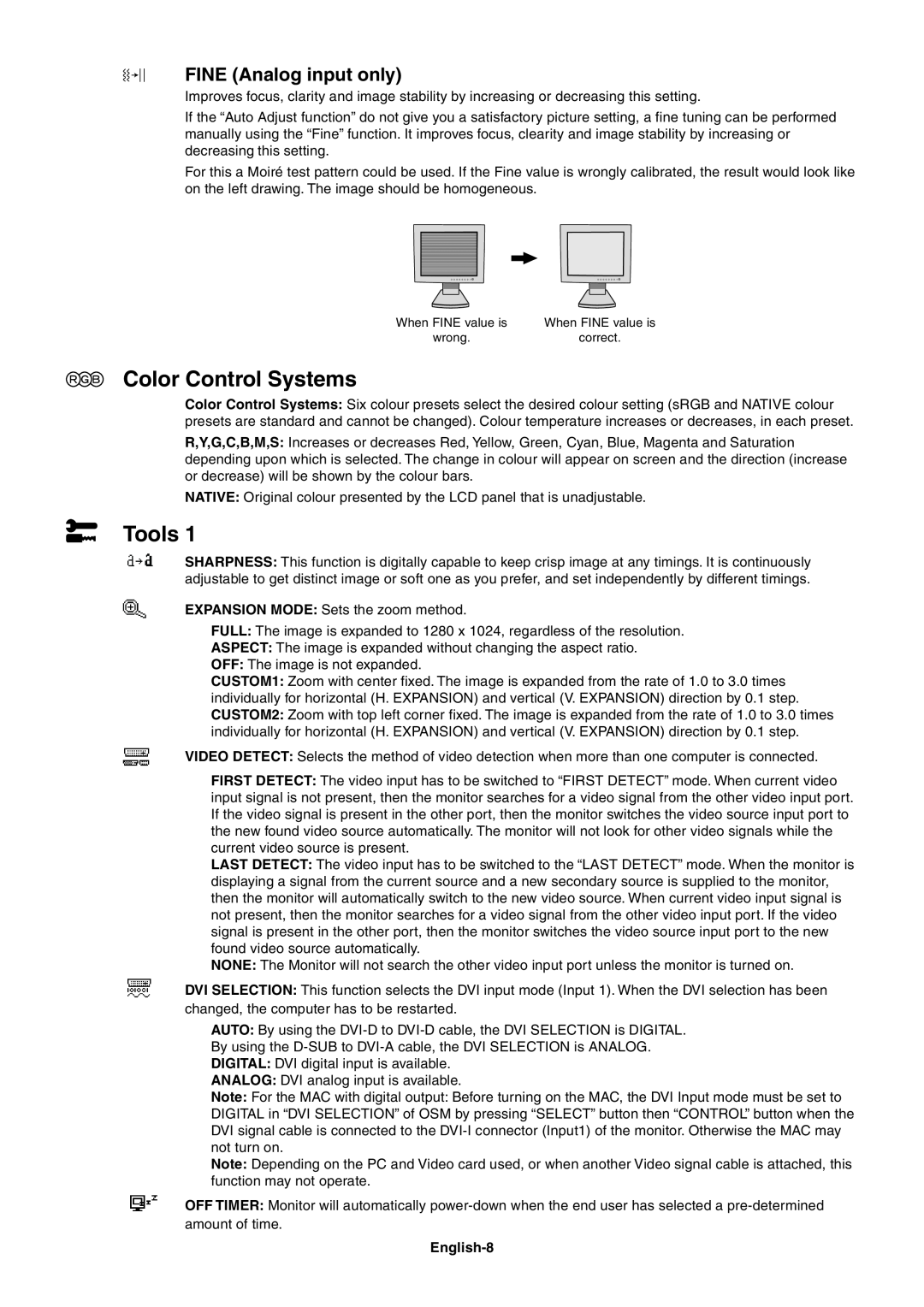 NEC LCD1980SX user manual Color Control Systems, Tools, FINE Analog input only, English-8 