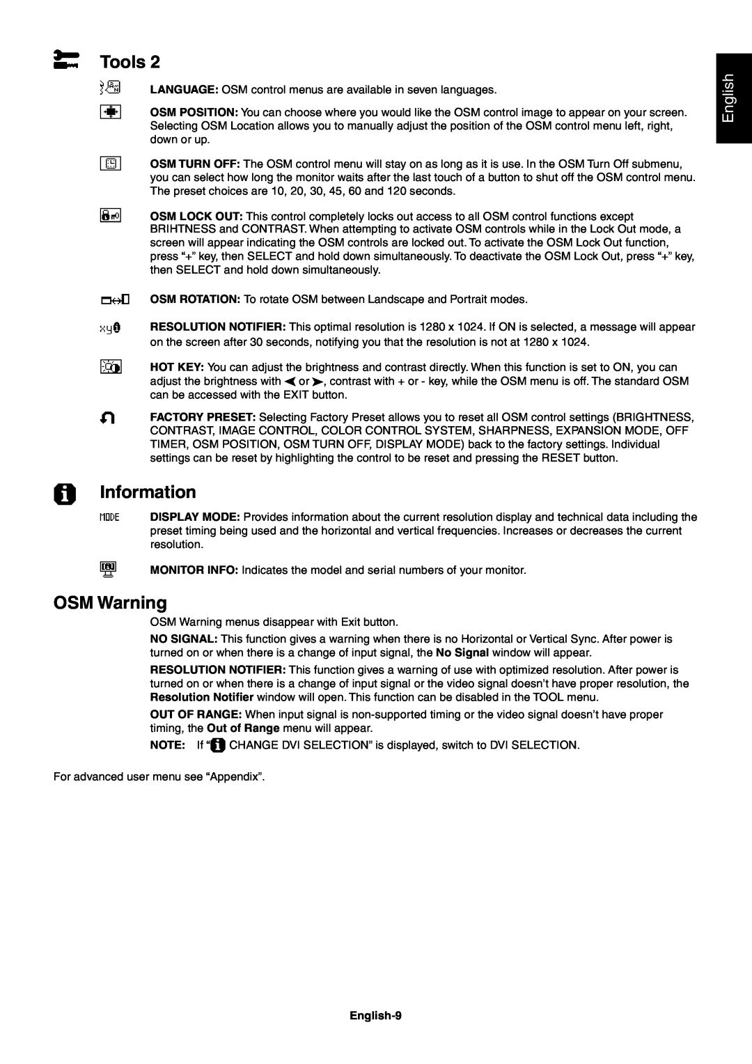 NEC LCD1980SX user manual Information, OSM Warning, Tools, English-9 