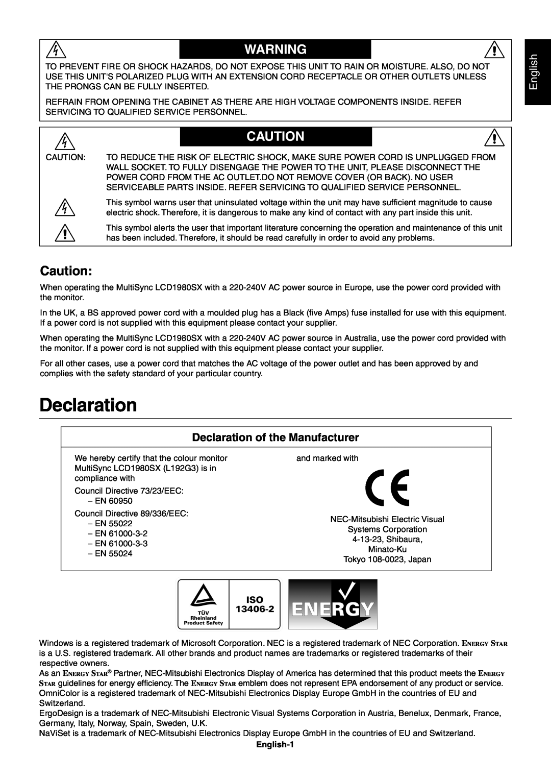 NEC LCD1980SX user manual Declaration of the Manufacturer, English-1 