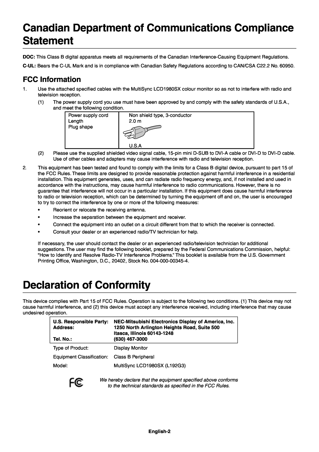 NEC LCD1980SX Canadian Department of Communications Compliance Statement, Declaration of Conformity, FCC Information 