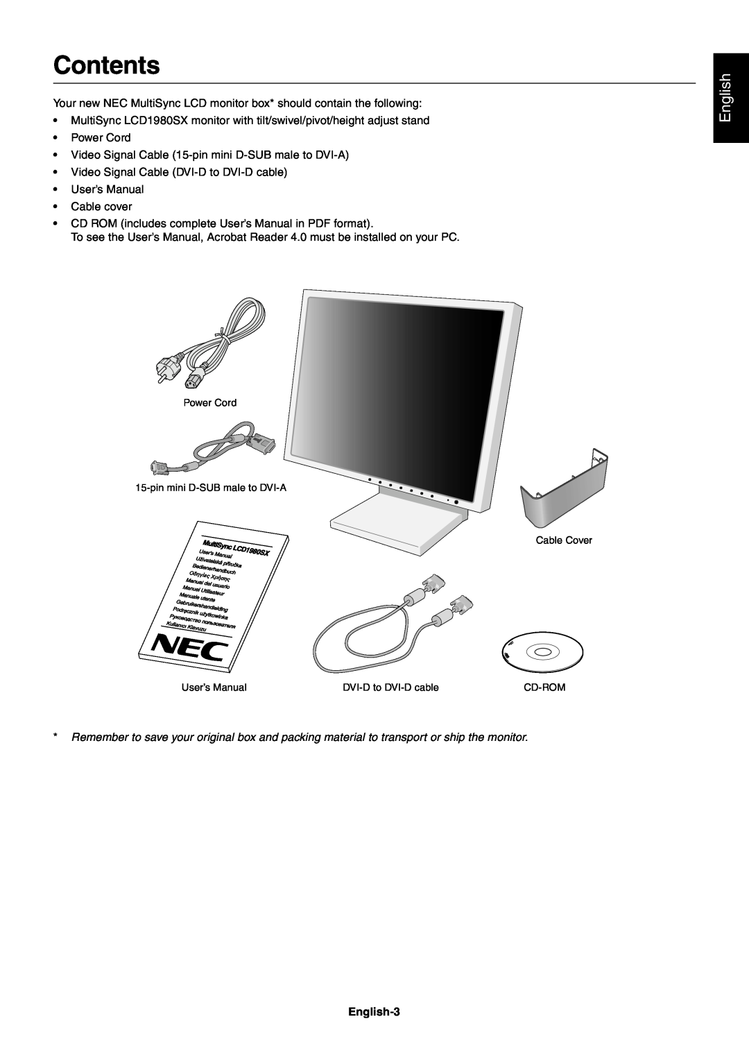 NEC LCD1980SX user manual Contents, English-3 