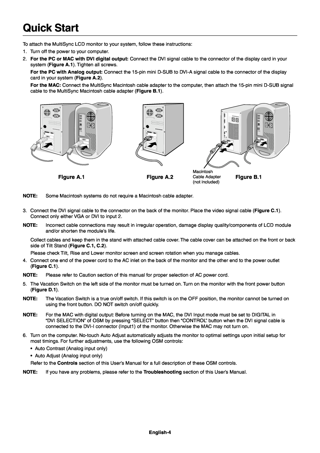 NEC LCD1980SX user manual Quick Start, Figure A.1, Figure A.2, English-4 
