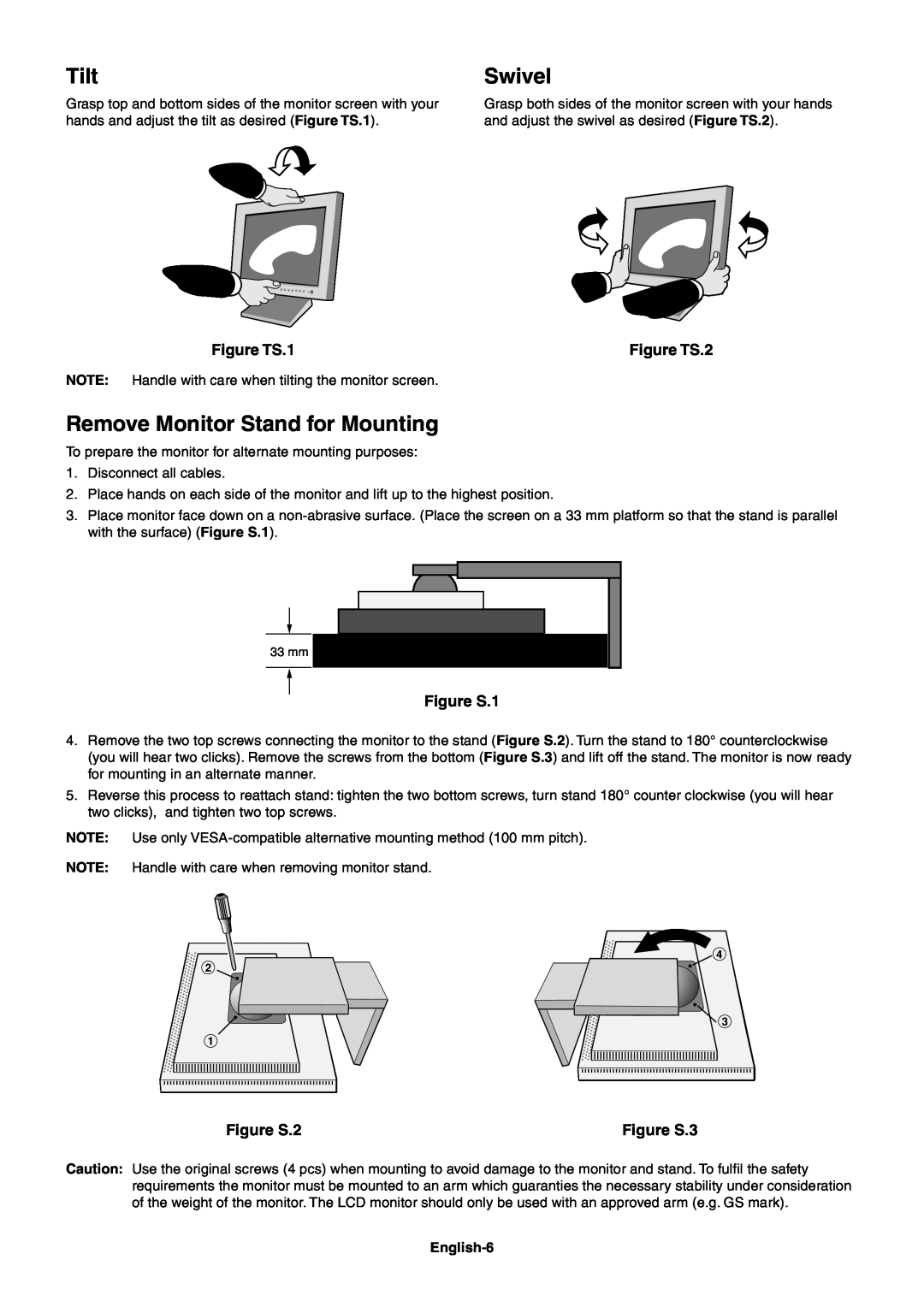 NEC LCD1980SX Tilt, Swivel, Remove Monitor Stand for Mounting, Figure TS.1, Figure S.1, Figure S.2, Figure S.3, English-6 