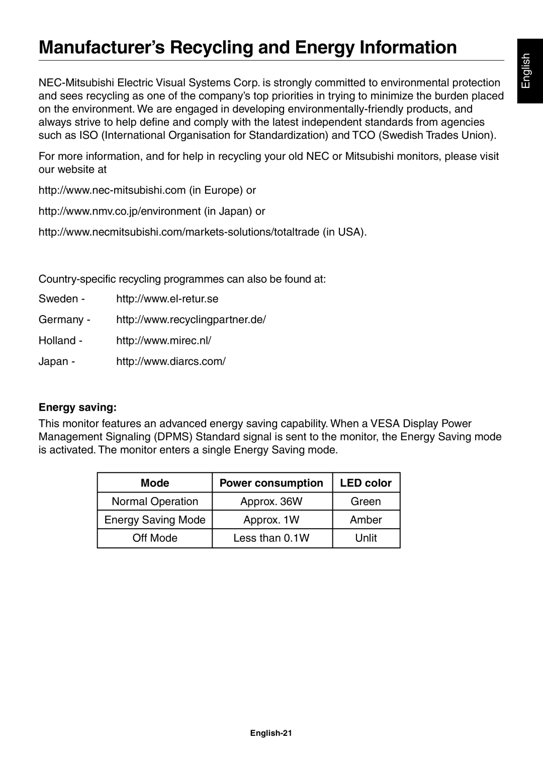 NEC LCD1980SX Manufacturer’s Recycling and Energy Information, Energy saving, Mode Power consumption LED color, English-21 