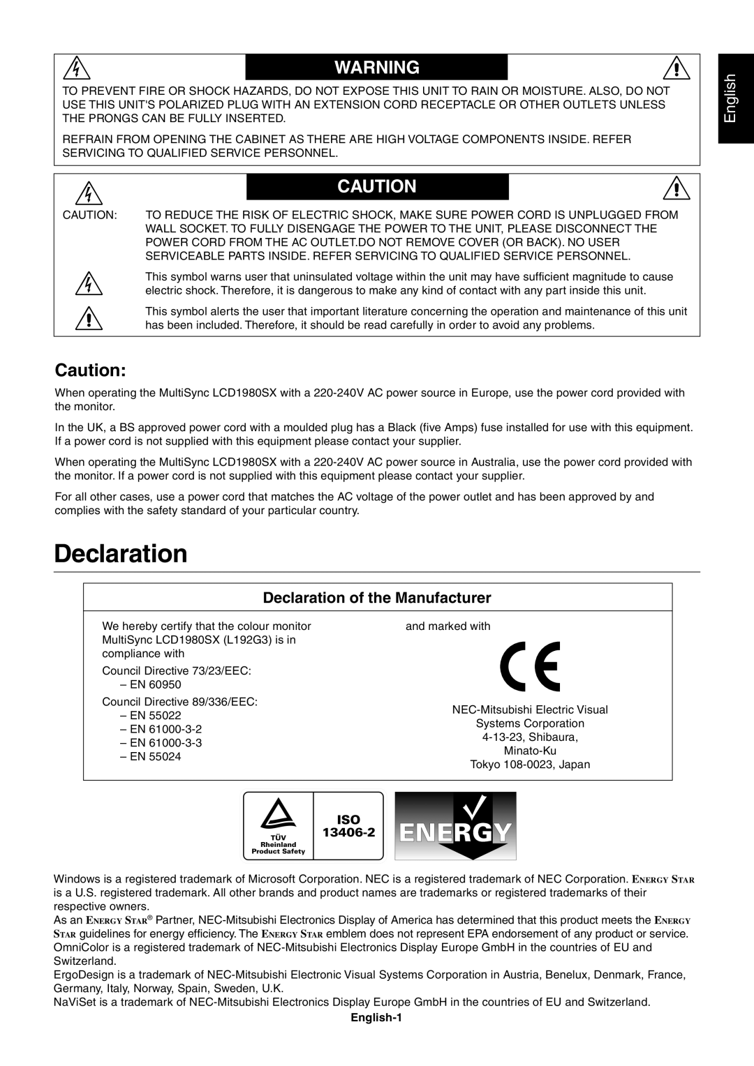 NEC LCD1980SX user manual Declaration of the Manufacturer, English-1 