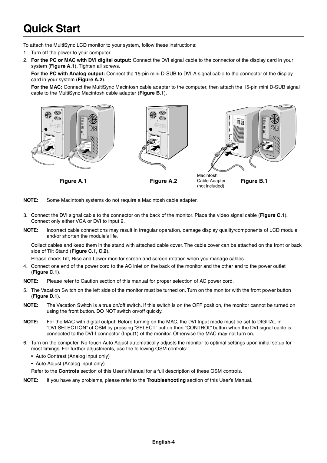 NEC LCD1980SX user manual Quick Start, English-4 