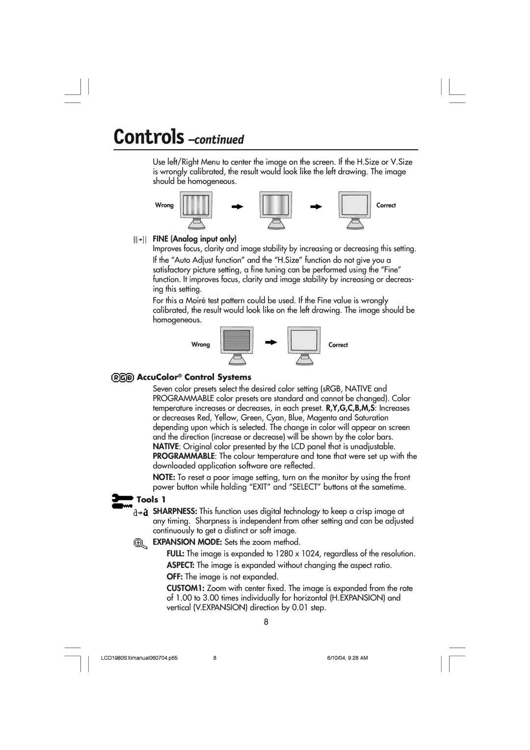 NEC LCD1980SXI manual Controls 