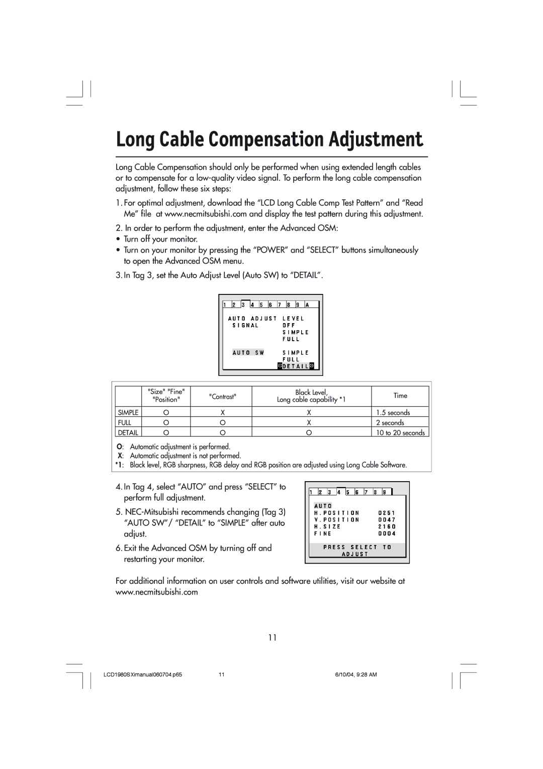 NEC LCD1980SXI manual Long Cable Compensation Adjustment 