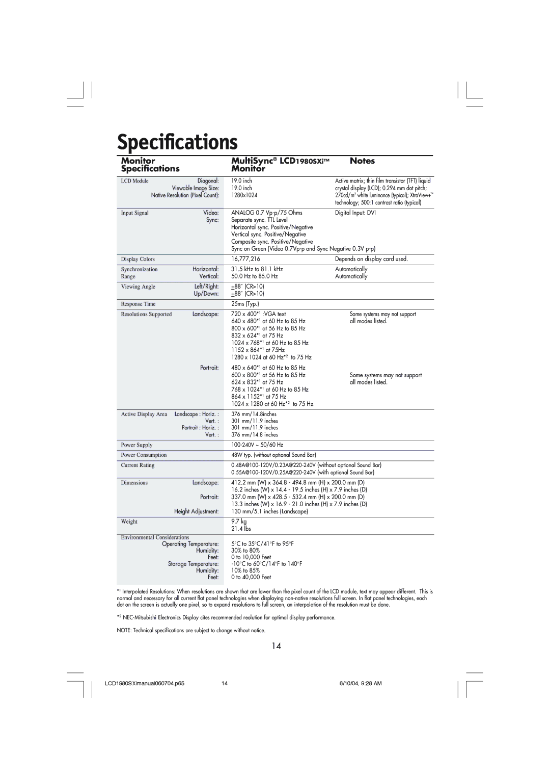 NEC LCD1980SXI manual Monitor MultiSync LCD1980SXi Specifications 