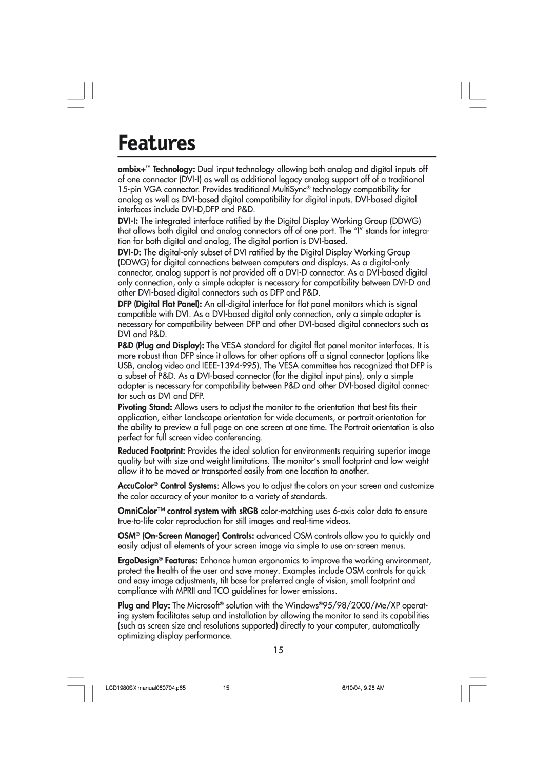 NEC LCD1980SXI manual Features 