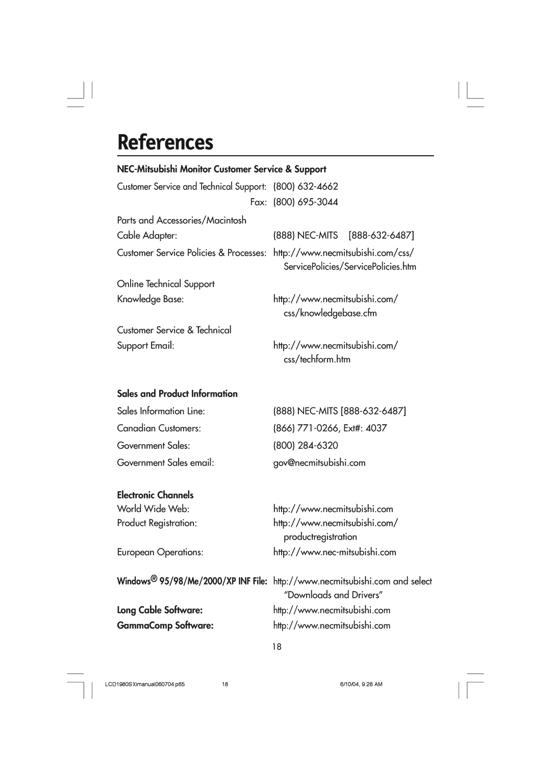 NEC LCD1980SXI manual References 