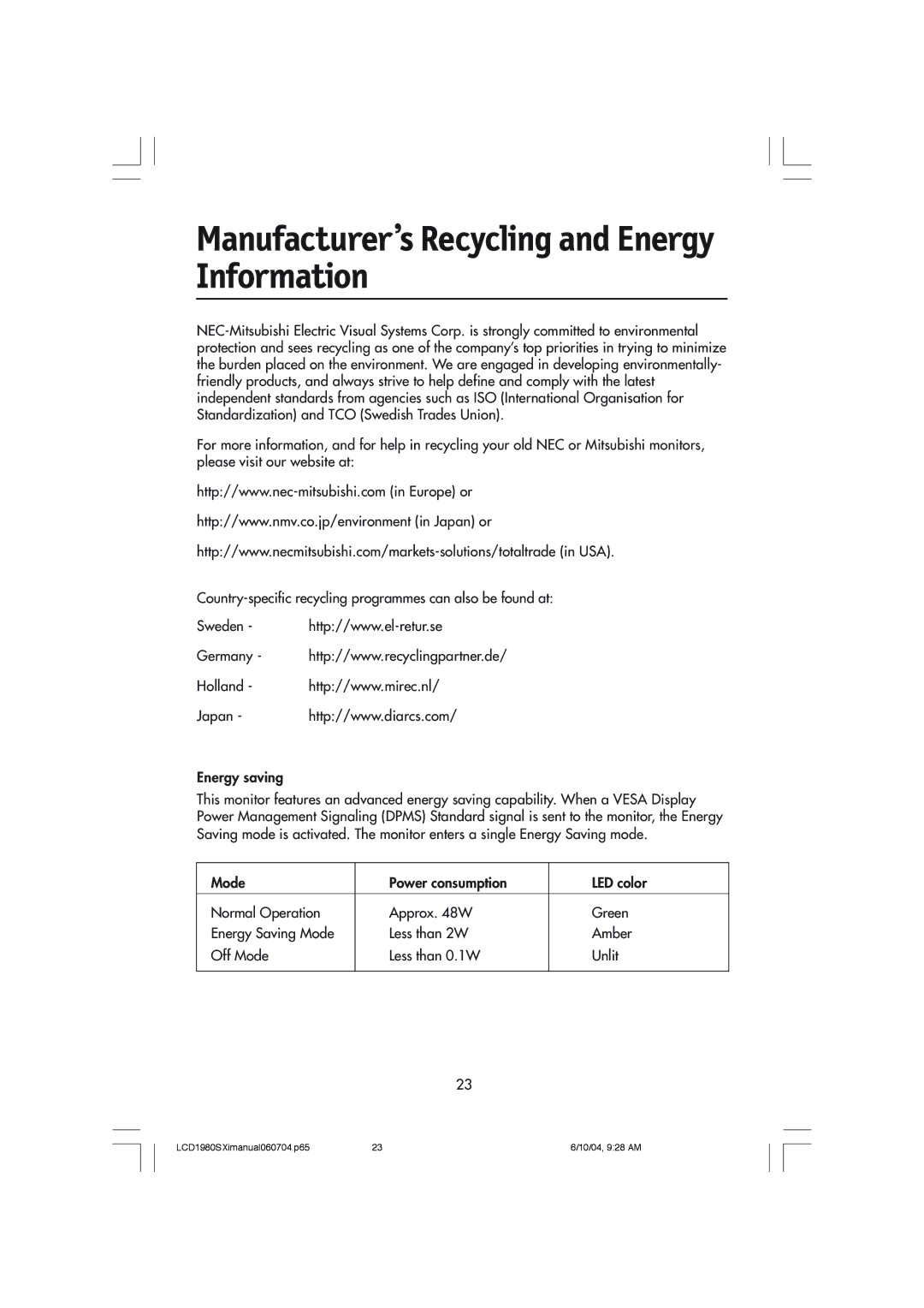 NEC LCD1980SXI manual Manufacturer’s Recycling and Energy Information 