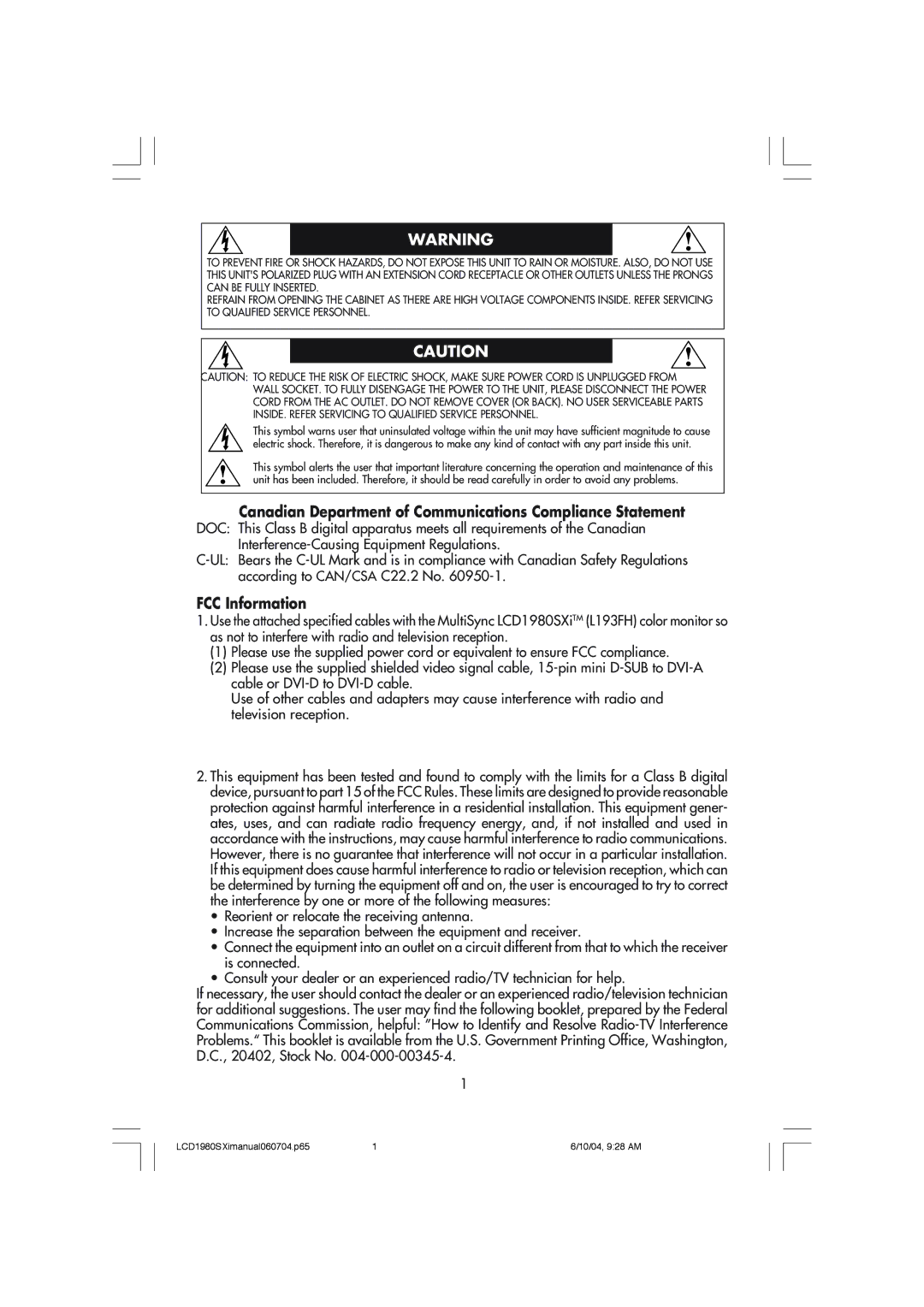 NEC LCD1980SXI manual Canadian Department of Communications Compliance Statement, FCC Information 