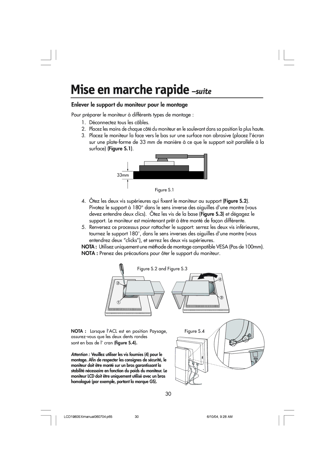 NEC LCD1980SXI manual Enlever le support du moniteur pour le montage, Figure S.1 