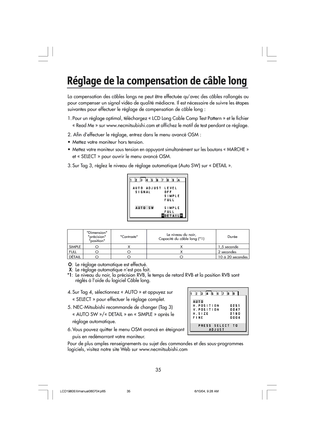 NEC LCD1980SXI manual Réglage de la compensation de câble long 