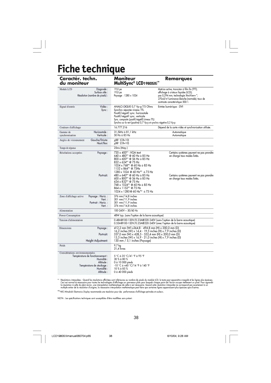 NEC LCD1980SXI manual Fiche technique 