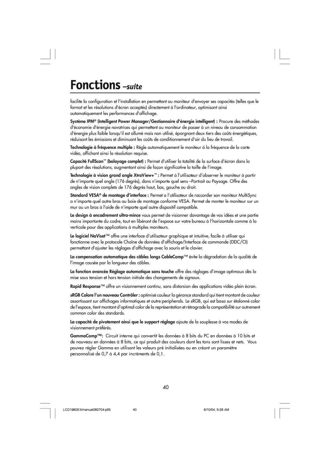 NEC LCD1980SXI manual Fonctions -suite 