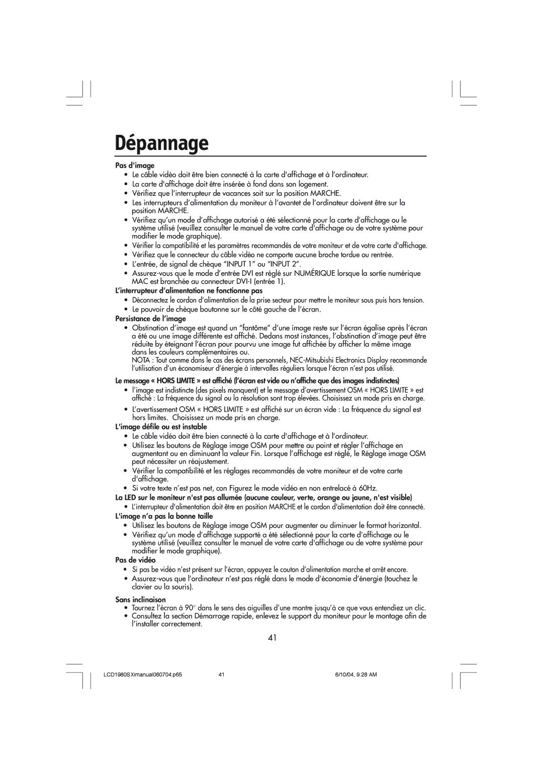 NEC LCD1980SXI manual Dépannage 