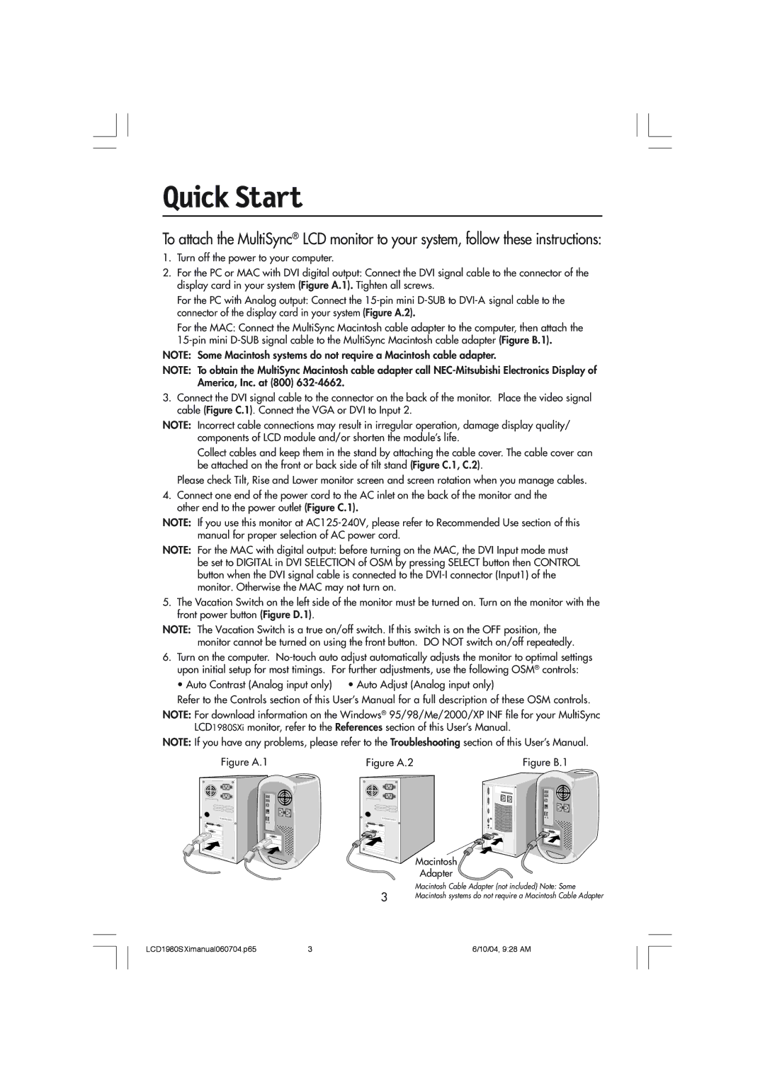 NEC LCD1980SXI manual Quick Start, Adapter 