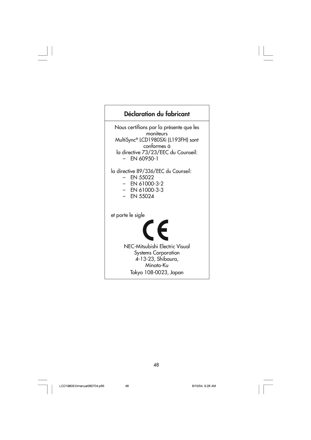 NEC LCD1980SXI manual DŽclaration du fabricant 