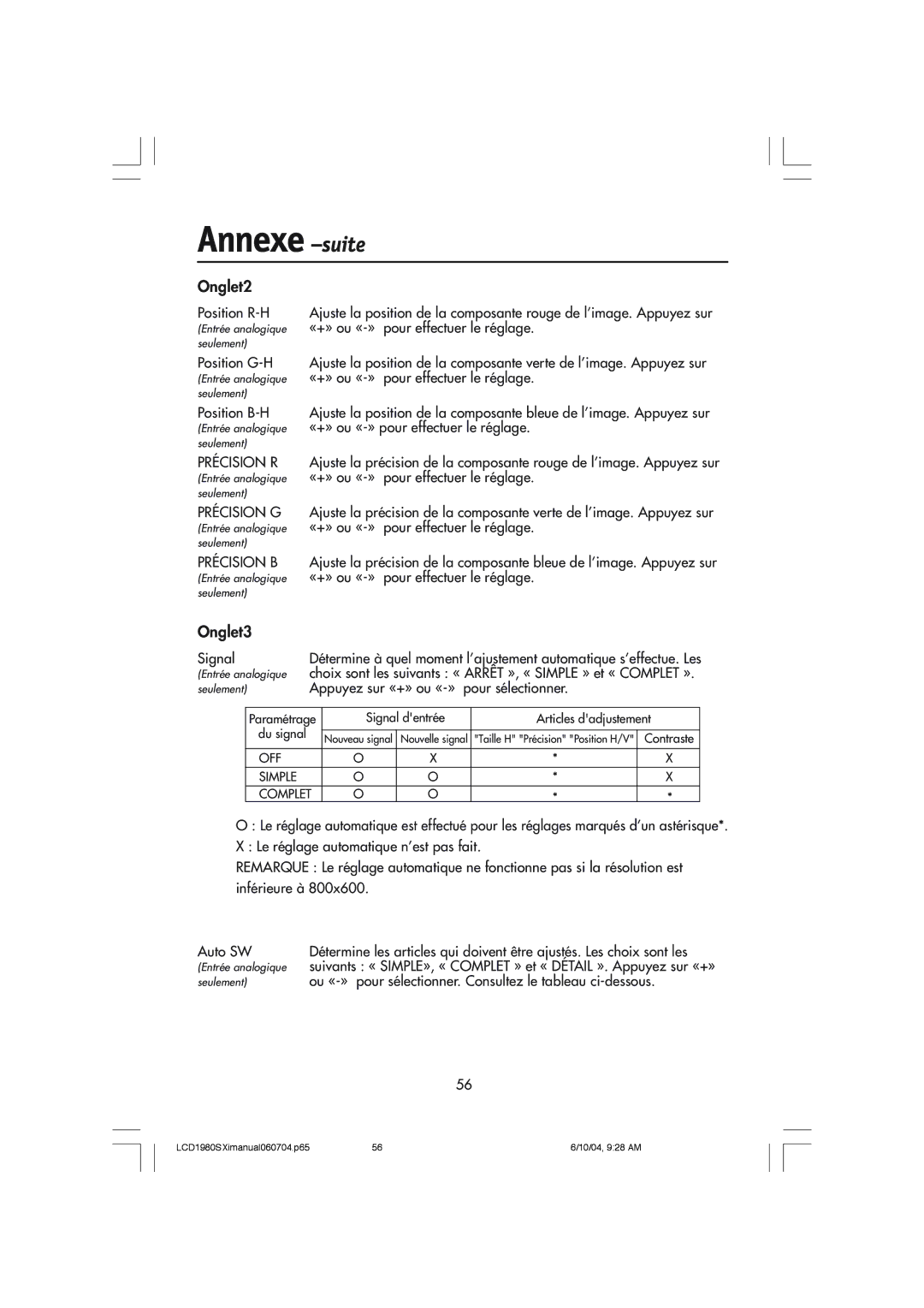 NEC LCD1980SXI manual Annexe -suite, Onglet2, Onglet3 