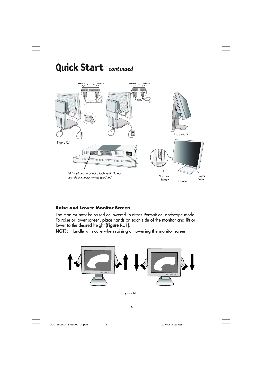 NEC LCD1980SXI manual Raise and Lower Monitor Screen, Figure C.2 