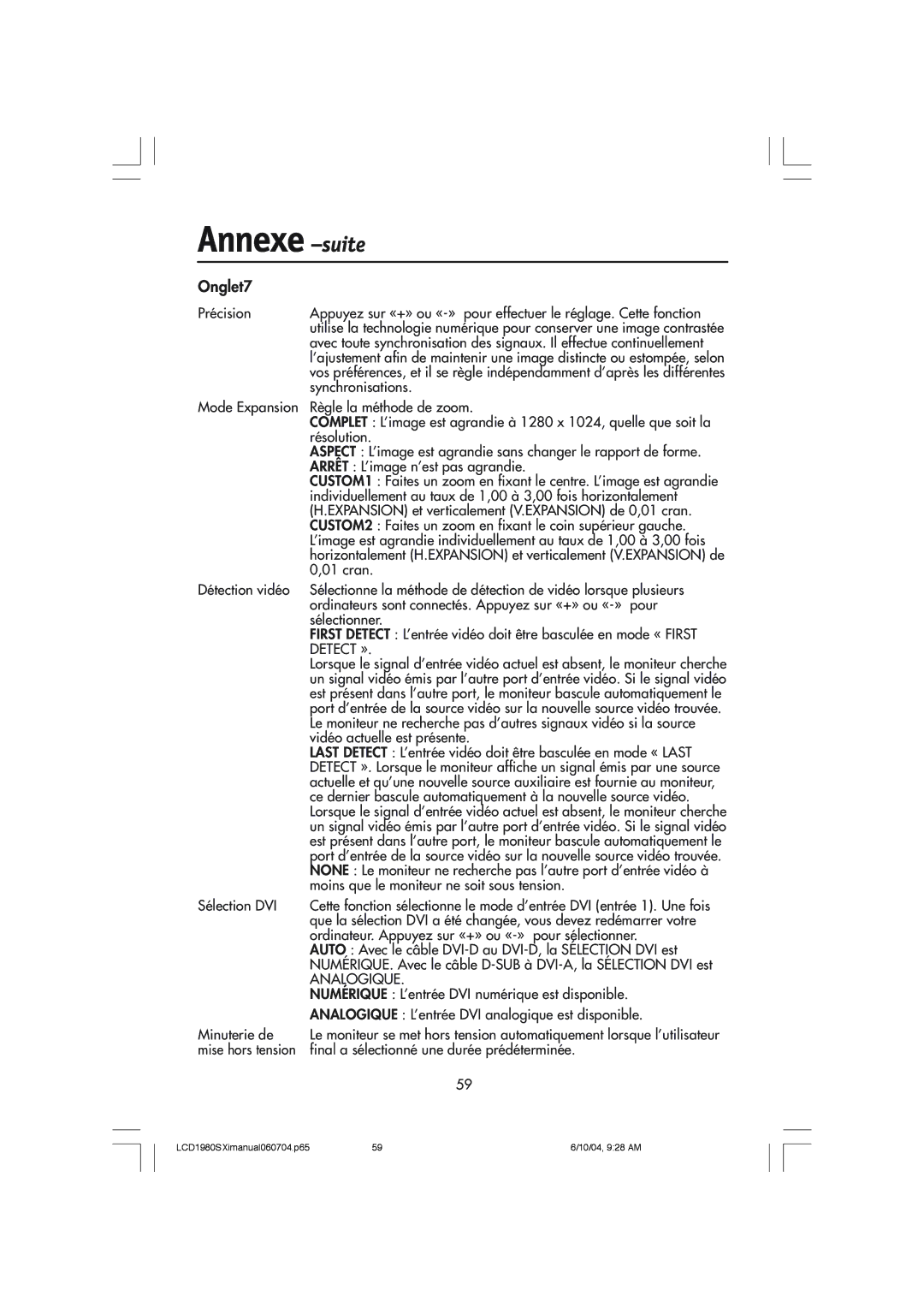 NEC LCD1980SXI manual Onglet7, Detect È, Analogique 