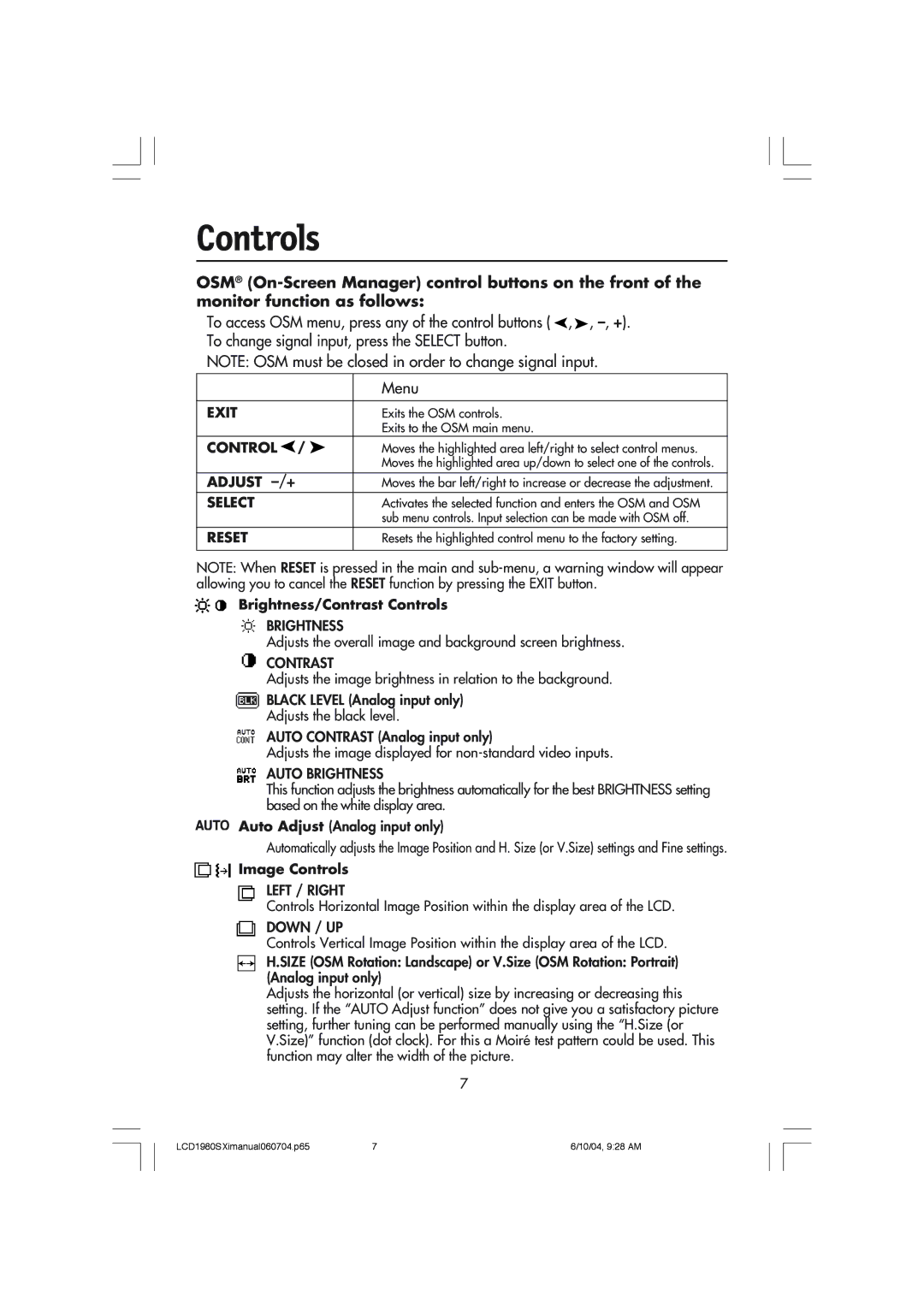 NEC LCD1980SXI manual Controls 