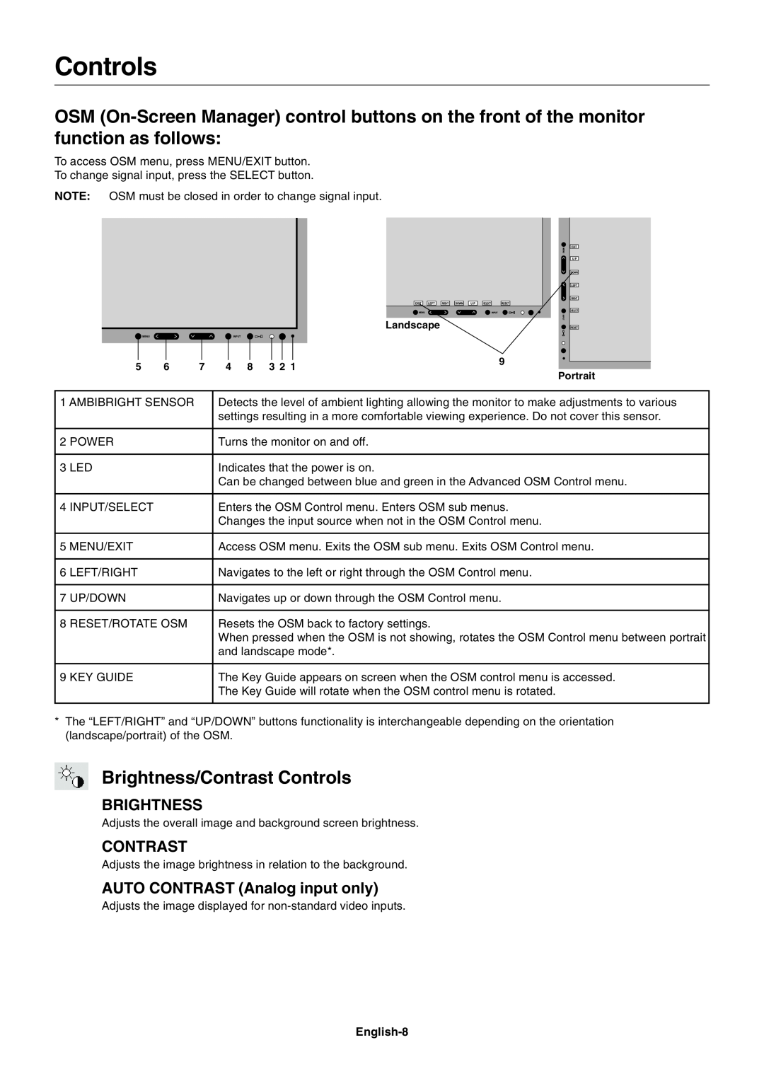 NEC LCD1990FXp user manual Brightness/Contrast Controls, AUTO CONTRAST Analog input only 