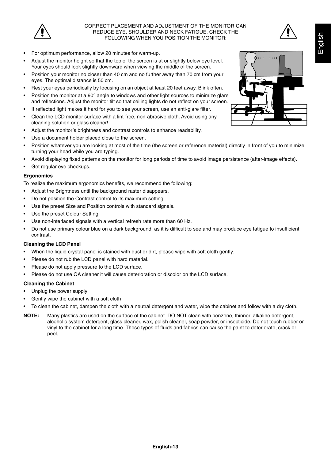 NEC LCD1990FXp user manual Ergonomics, Cleaning the LCD Panel, Cleaning the Cabinet, English-13 