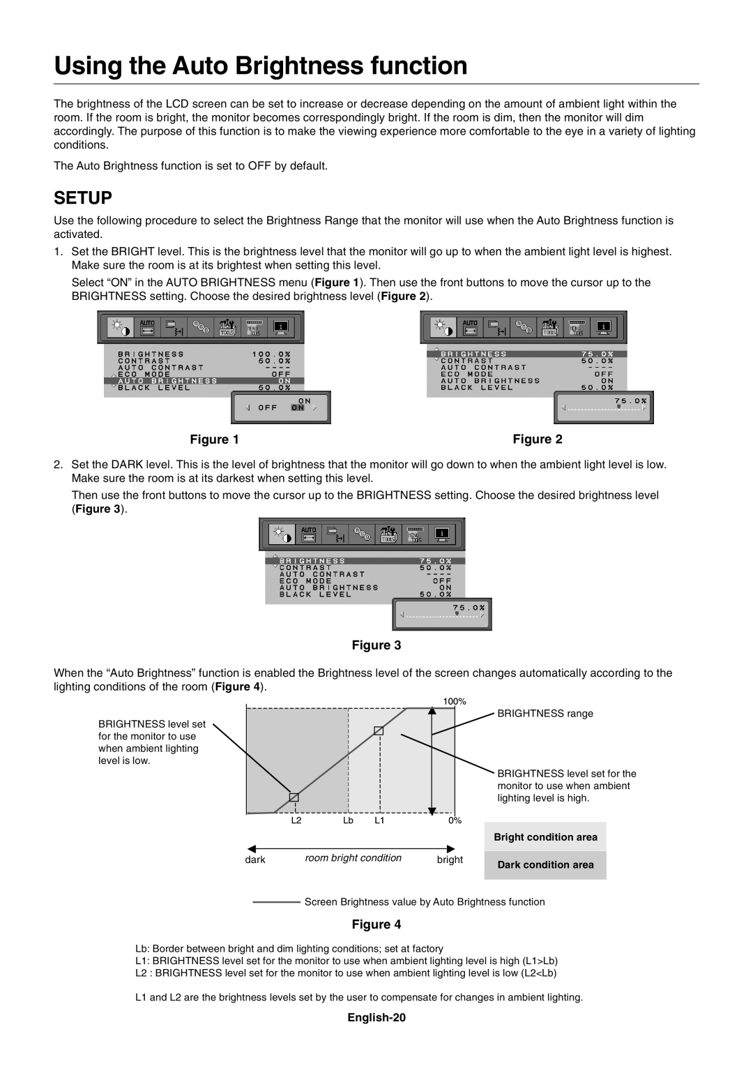 NEC LCD1990FXp user manual Using the Auto Brightness function, Setup 