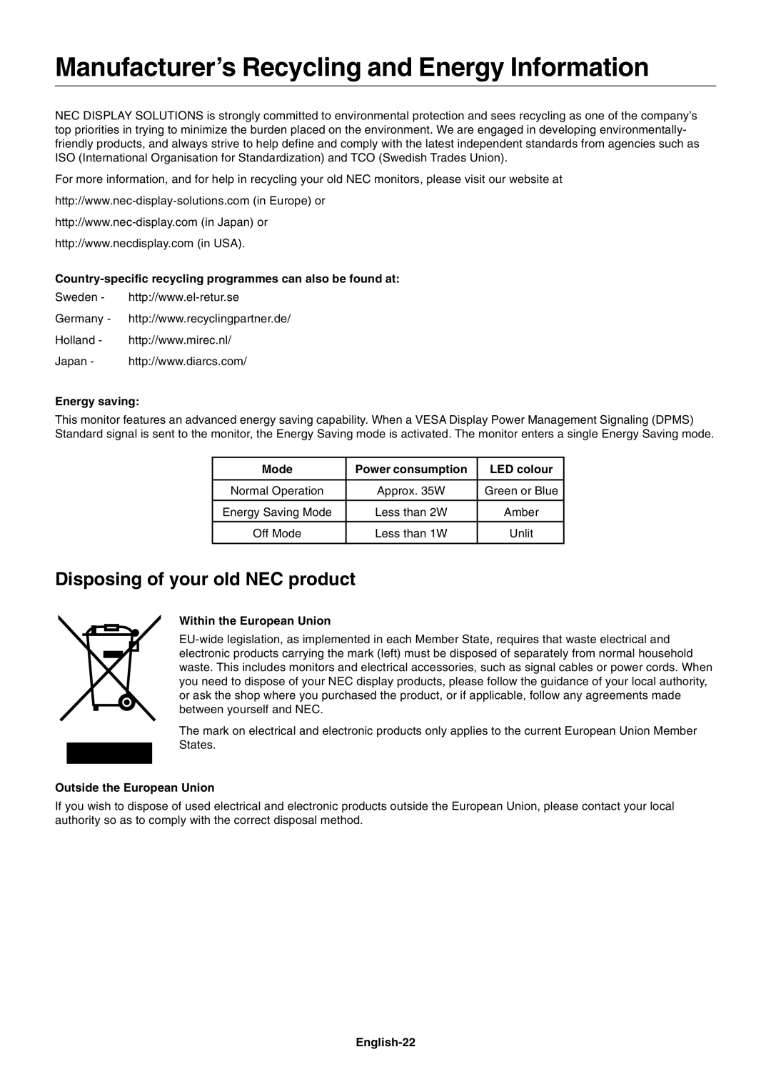 NEC LCD1990FXp user manual Manufacturer’s Recycling and Energy Information, Disposing of your old NEC product 