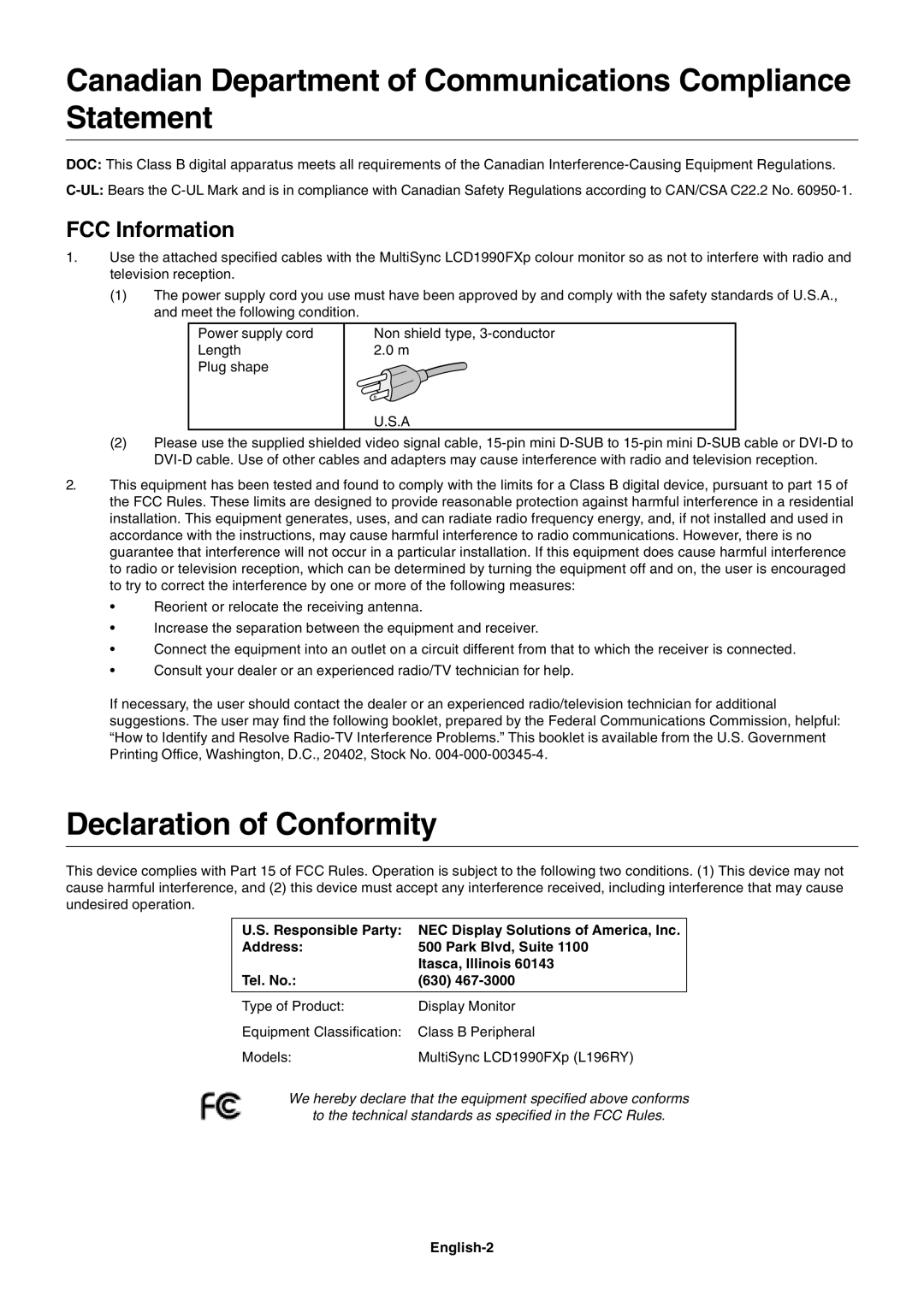 NEC LCD1990FXp user manual Declaration of Conformity, FCC Information 