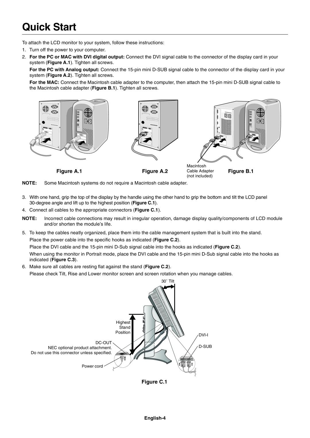 NEC LCD1990FXp user manual Quick Start, Figure A.1, Figure A.2, Figure C.1 