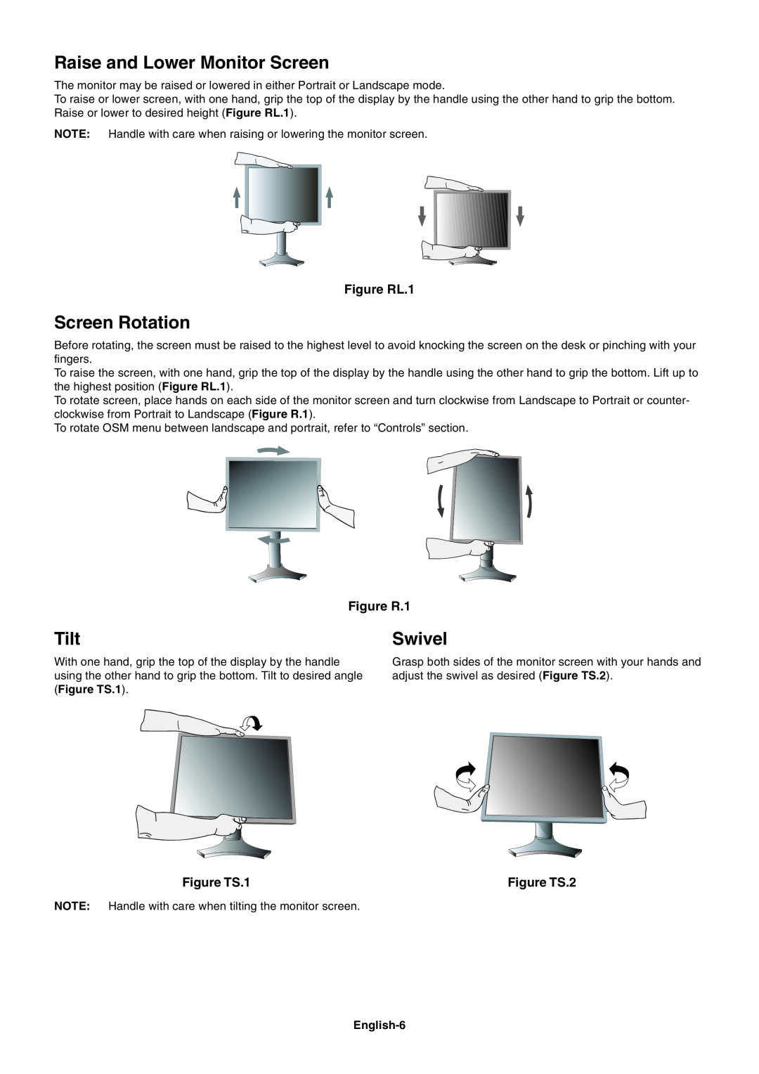 NEC LCD1990FXp Raise and Lower Monitor Screen, Screen Rotation, Tilt, Swivel, Figure RL.1, Figure R.1, Figure TS.1 