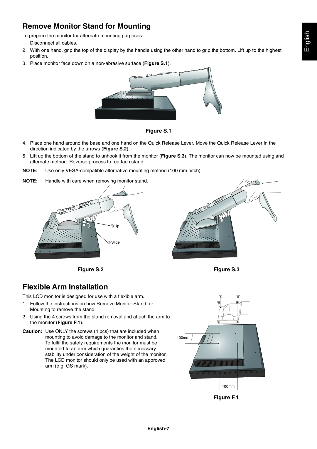 NEC LCD1990FXp Remove Monitor Stand for Mounting, Flexible Arm Installation, English, Figure S.1, Figure S.2, Figure S.3 