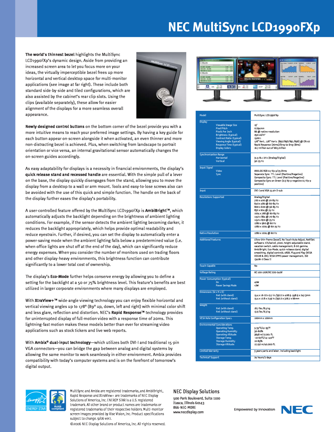 NEC manual NEC MultiSync LCD1990FXp, NEC Display Solutions 