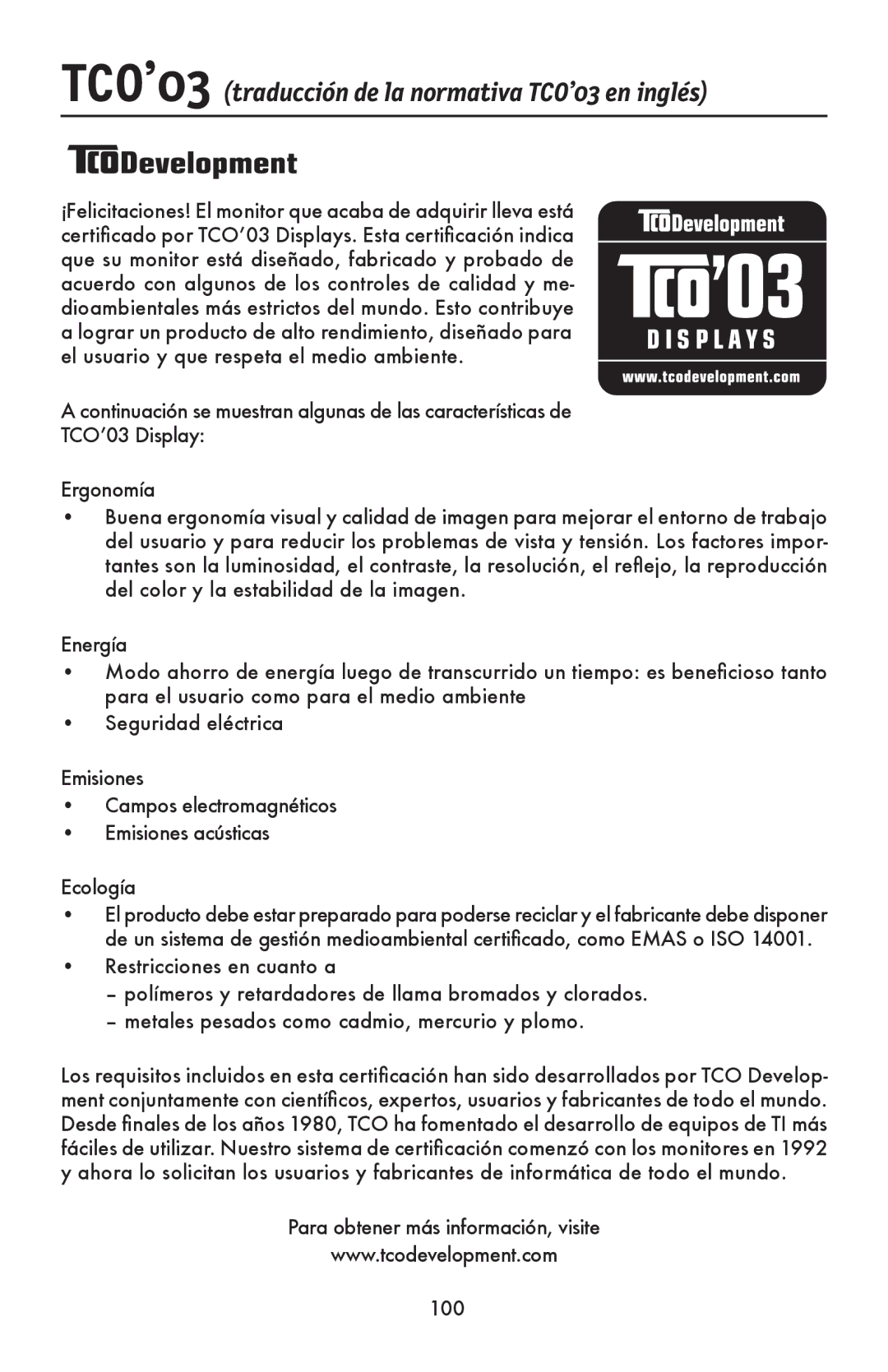 NEC LCD1990FXp user manual TCO’03 traducción de la normativa TCO’03 en inglés, Para obtener más información, visite 100 