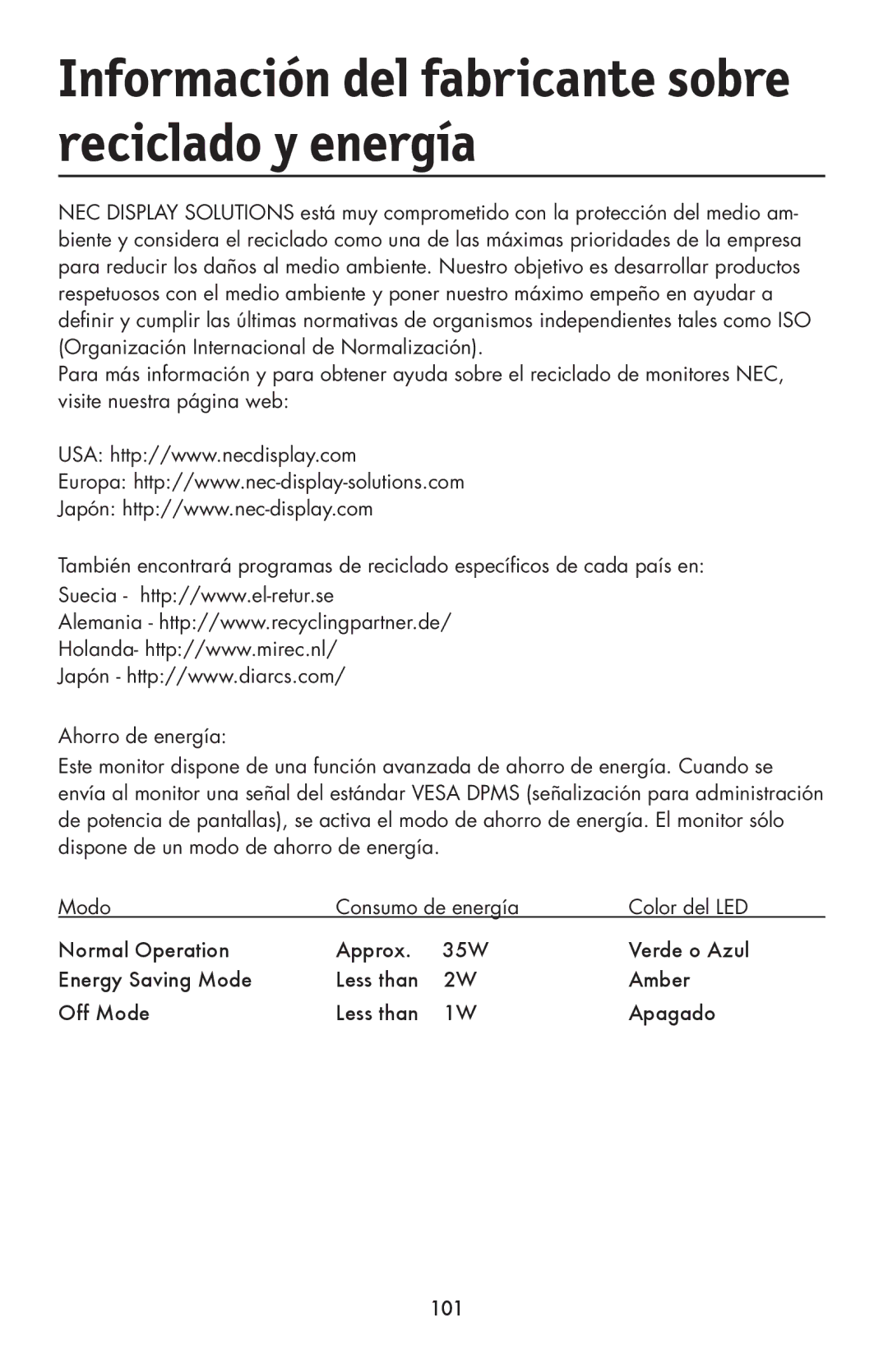 NEC LCD1990FXp user manual Información del fabricante sobre reciclado y energía 