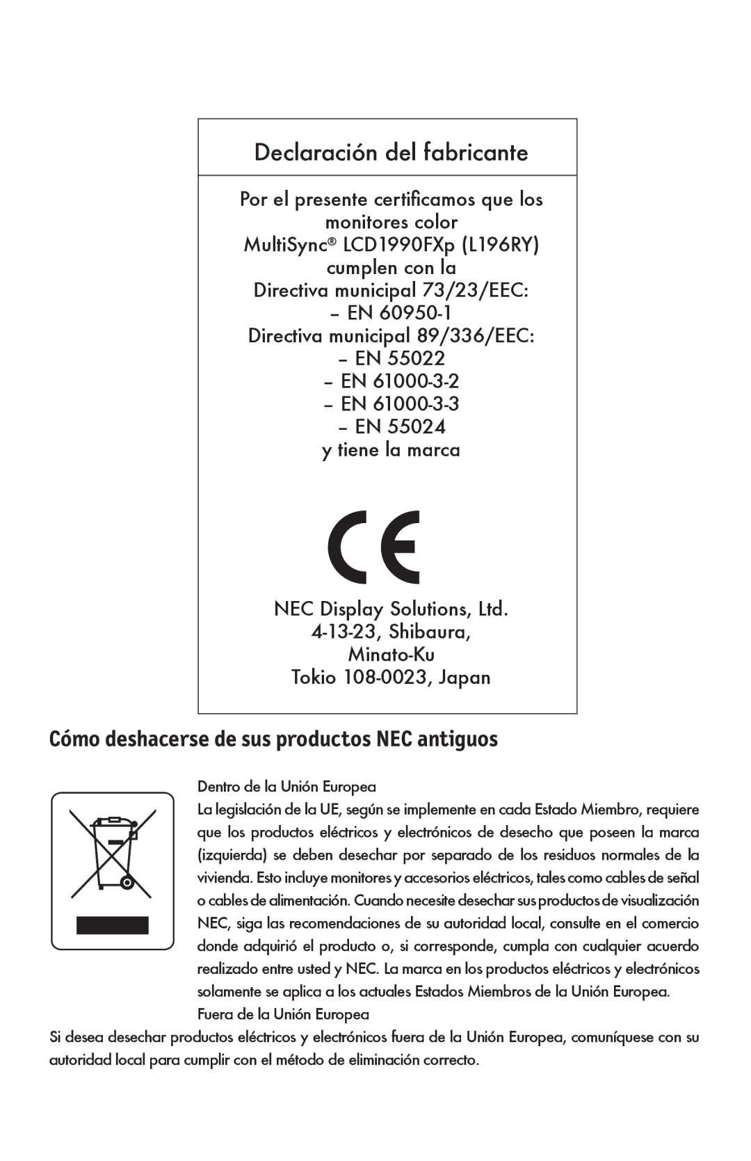 NEC LCD1990FXp user manual Cómo deshacerse de sus productos NEC antiguos 