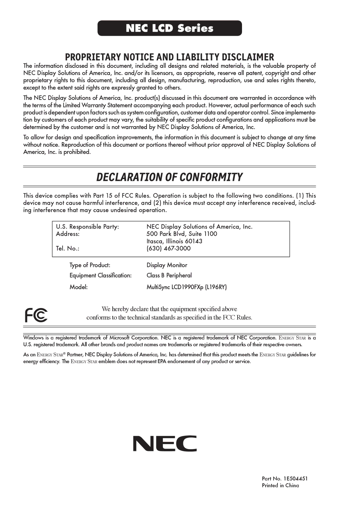 NEC LCD1990FXp user manual Declaration of Conformity 