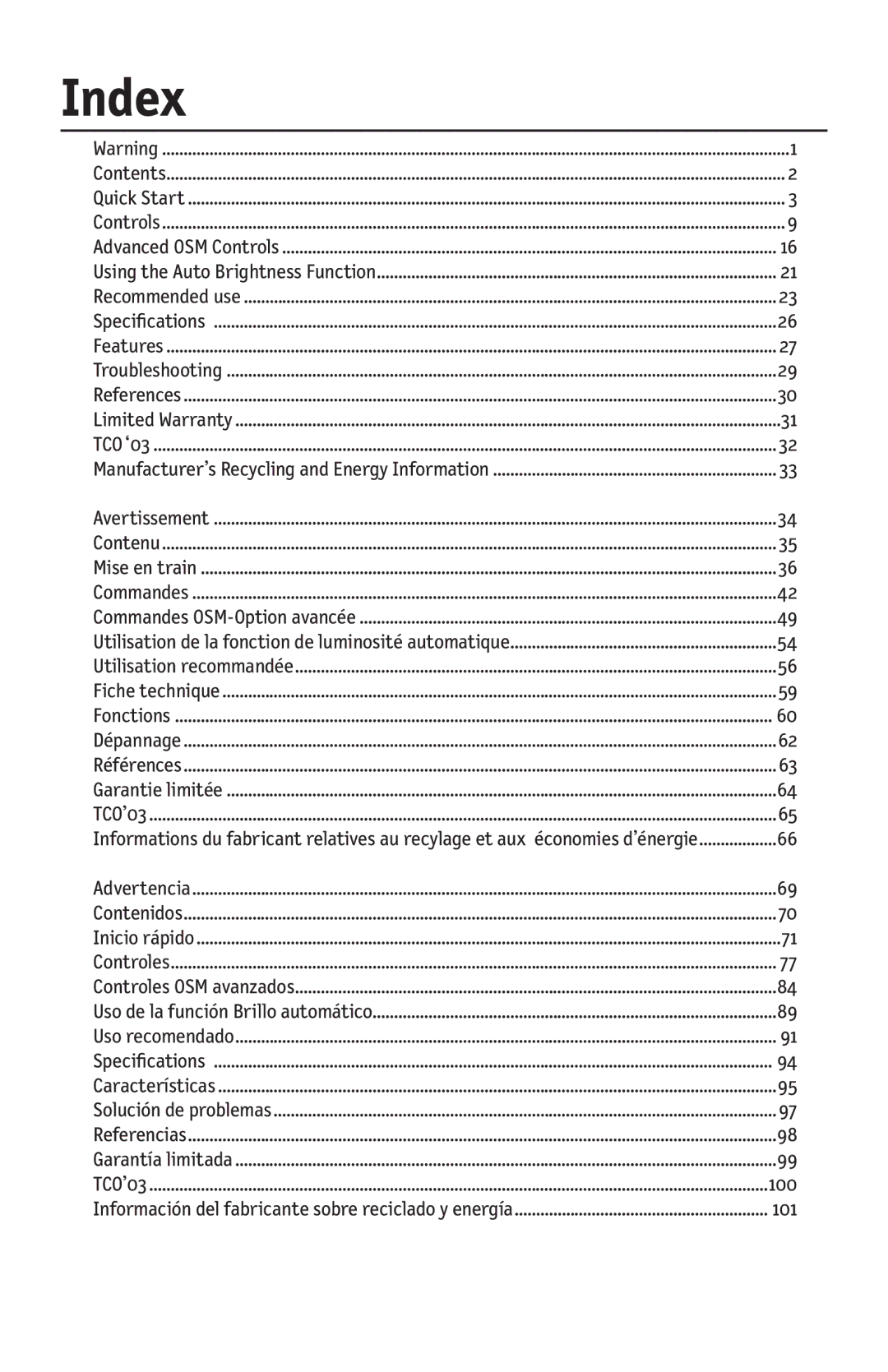 NEC LCD1990FXp user manual Index, Utilisation de la fonction de luminosité automatique 