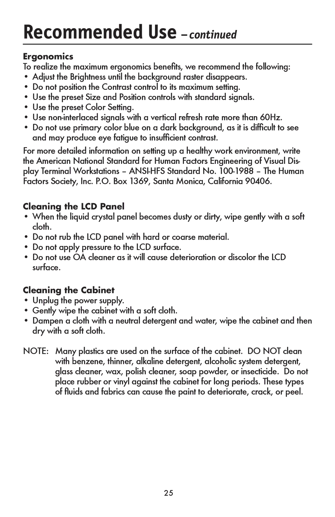 NEC LCD1990FXp user manual Ergonomics, Cleaning the LCD Panel, Cleaning the Cabinet 